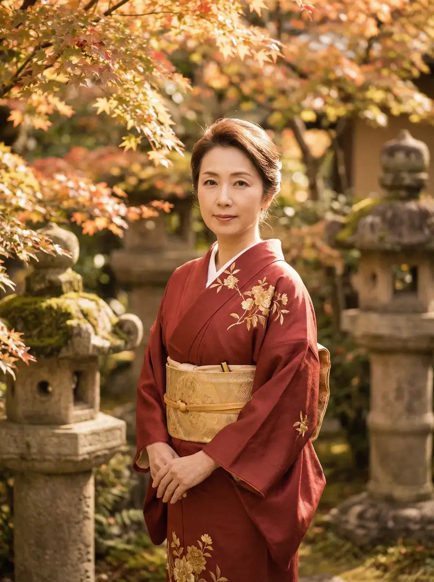 一位身穿暗红色和服的优雅 gogogo日本免费观看 在日式庭院中